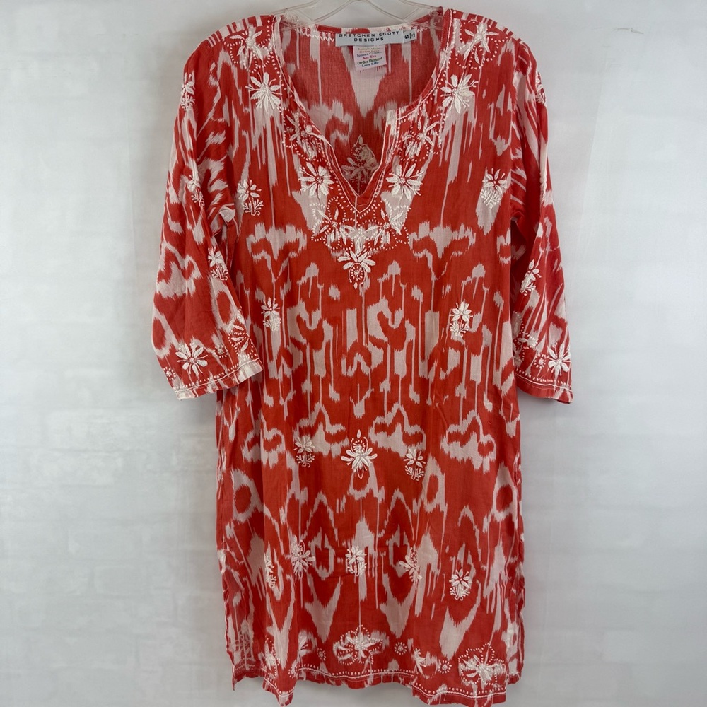 Gretchen Scott Designs Cotton Tunic Dress Size Small Red Floral Print Graphic